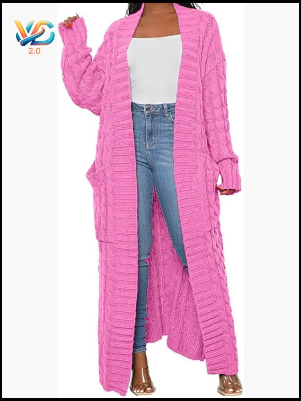 Cable Knit Maxi Cardigan with Pockets Long Open Front Duster